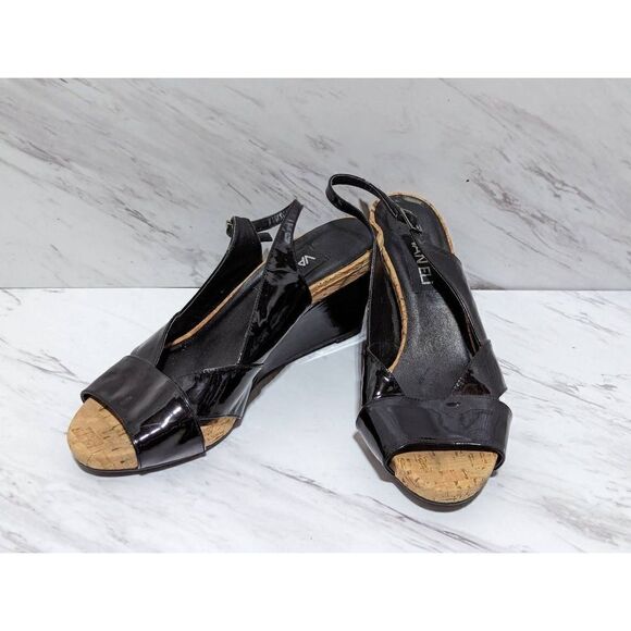 Van Eli Women's Black Patent Leather 3" Wedge Cork Trim Heels Slingback Size 8 - Picture 1 of 8